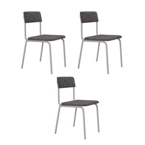 Conjunto 3 Cadeiras Estofadas Fixa Empilhável Fit Névoa Prata - Branco Fosco