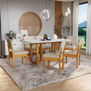 Conjunto Mesa Filadélfia Tampo Oval 6 Cadeiras Miami Cerejeira Tecido A40 100% Madeira Maciça Cerejeira-palha