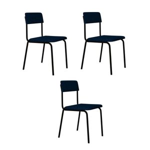 Conjunto 3 Cadeiras Estofadas Fixa Empilhável Fit Azul Corriente - Preto Fosco Mt