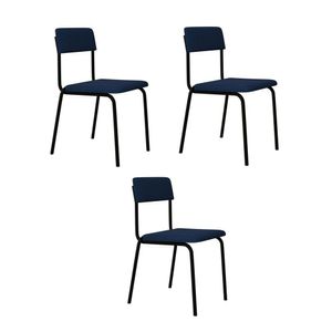 Conjunto 3 Cadeiras Estofadas Fixa Empilhável Fit Azul City - Preto Fosco Mt