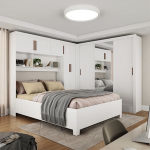 Guarda-roupa Casal Modulado 5 Portas Com Cama Santiago 3 Portas Plus 5 Gavetas Com Espelho Branco
