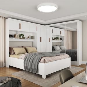 Guarda-roupa Casal Modulado 5 Portas Com Cama Santiago 3 Portas Premium 5 Gaveta Com Espelho Branco