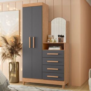 Guarda-roupa Cômoda 2 Portas E 4 Gavetas Com Espelho New Capri Freijó - Titanium