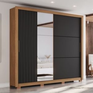 Guarda-roupa Casal Vasti 2 Portas Deslizantes Com Detalhe Ripado-soft 4 Gavetas Com Usinagem E Pés I Nature-preto