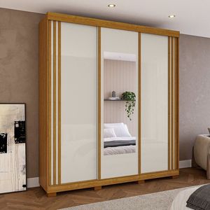 Guarda-roupa Casal 220cm 3 Portas Com Espelho 100% Mdf Kamala Espresso Móveis Cinamomo-off White