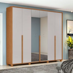 Guarda-roupa 6 Portas 4 Gavetas 100% Mdf Com Espelho E Pés Style Amêndoa Clean-off White