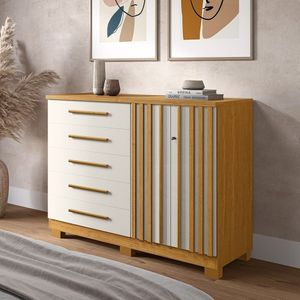 Cômoda 136cm 2 Portas E 5 Gavetas Com Sapateira 100% Mdf Gérbera Cinamomo-off-white