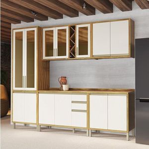 Cozinha Modulada Completa 270cm 5 Peças 13 Portas Com Tampo 100% Mdf Barbados Espresso Móveis Amêndoa-off White