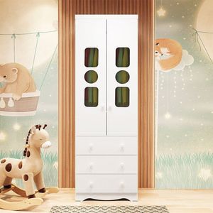 Guarda-roupa Infantil 61,7cm 2 Portas 3 Gavetas Com Janelas Sem Pés Ezra 100% Mdf Espresso Móveis Branco