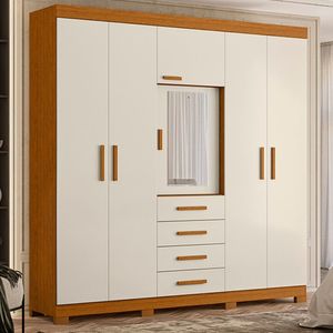 Guarda Roupa Casal Com Espelho 6 Portas 4 Gavetas Virtus Cinamomo-off White