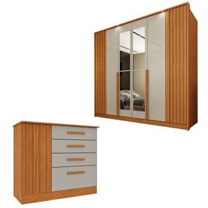 Conjunto Para Quarto 1 Guarda Roupa 6 Portas Com Espelho 1 Cômoda Ripado Nova York Espresso Móveis Cinamomo-off White