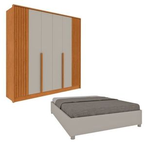Conjunto Para Quarto 1 Guarda Roupa Ripado Nova York 1 Cama Casal Queen Monaco Espresso Móveis Cinamomo-off White