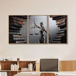 Quadro Decorativo Temático Direito Livros Com 3 Telas Para Banheiro Escritório Sala Natural