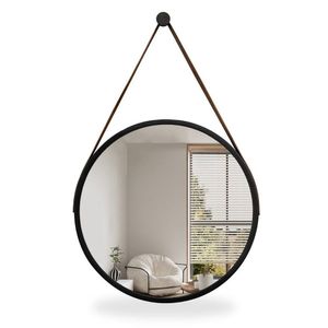 Espelho Redondo Adnet Borda De Alumínio 45cm Com Alça E Suporte Para Banheiro Sala Quarto Preto