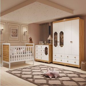 Quarto De Bebê Com Guarda-roupa Cômoda E Berço 100% Mdf Maya Provençal Espresso Móveis Branco Brilho-amêndoa