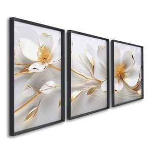 Quadro Decorativo Floral Delicado Magnólias Com 3 Telas De Parede Para Sala Quarto Escritório 60cm X Preto