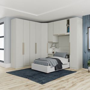 Quarto Modulado Solteiro Completo 9 Portas 3 Gavetas Canto Oblíquo Seletto Cinza