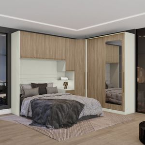 Quarto Modulado Casal Completo 11 Portas 6 Gavetas Com Espelho Seletto Bege-branco