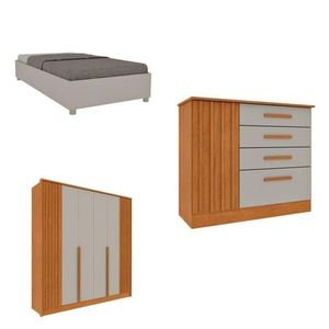 Quarto Solteiro Guarda-roupa Ripado Nova York, Cama Solteiro Mônaco, Cômoda 4 Gavetas Nova York Cinamomo-off White