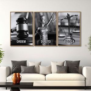 Quadro Decorativo Temático Direito Deusa Da Justiça Com 3 Telas Para Escritório Sala Lavabo Natural