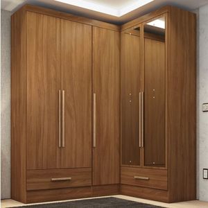 Quarto Modulado De Canto 3 Peças 5 Portas 2 Gavetas Com Espelho Smart Plus Cinamomo