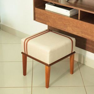 Puff Quadrado Para Sala De Linho Detalhes Em Courino - Masato Bege