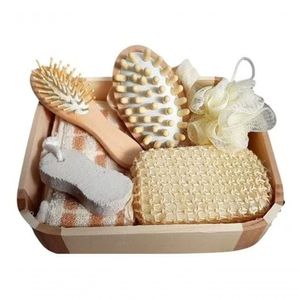 Kit Banho Com 6 Peças Higiene Pessoal Cesta Estojo De Madeira - Esponja, Bucha, Escova