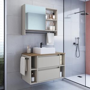Conjunto Gabinete Para Banheiro 4 Nichos Com Cuba Armário De Banheiro 1 Porta Com Espelho