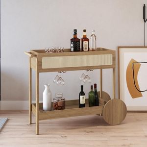 Carrinho Bar 1 Gaveta 112cm C- Porta Taças Palhinha Pé Madeira Oslo Artesano | Hanover