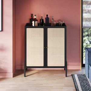 Armário Cristaleira Bar 2 Portas 93cm Palhinha Pé Madeira Oslo Artesano | Nero