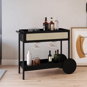 Carrinho Bar 1 Gaveta 112cm C- Porta Taças Palhinha Pé Madeira Oslo Artesano | Nero