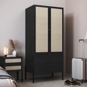 Guarda Roupas 2 Portas 2 Gavetas Palhinha Pé Madeira Oslo Artesano | Nero-preto