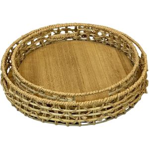 Kit 2 Bandejas Decorativas Em Palha 35x35x6cm E 30x30x6cm Palha