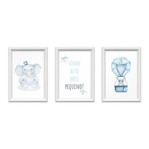 Kit 3 Quadros Decorativos Meu Rodapé Sonhe Alto Elefante E Balão Azul 24x34