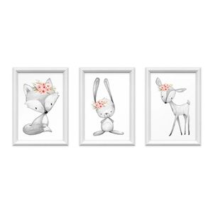 Kit 3 Quadros Decorativos Meu Rodapé Bichos Cinza Com Flores 24x34