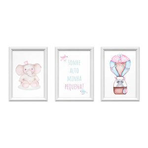 Kit 3 Quadros Decorativos Meu Rodapé Sonhe Alto Elefante E Balão Rosa 24x34