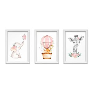 Kit 3 Quadros Decorativos Meu Rodapé Bichos Com Flor E Balão 24x34