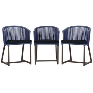 3 Cadeiras De Jantar Noronha Marrom Corda Náutica E12 Trama Azul