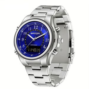 Relógio Masculino Fashion Pulseira De Aço Inoxidável Resistente À Água 50m Prata Azul