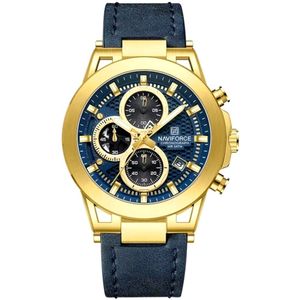 Relógio Analógico Design Esportivo Impermevel À Prova Da Água Pulseira Em Couro Ecológico Azul Dourado