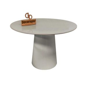 Mesa Jantar Cone Laqueado Tampo Redondo Laca Com Vidro 80cm Off White