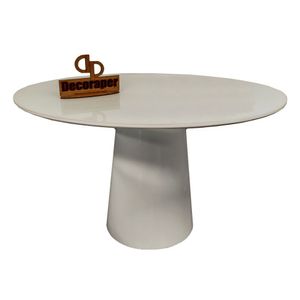 Mesa Jantar Cone Laqueado Tampo Redondo Laca Com Vidro 120cm Offwhite