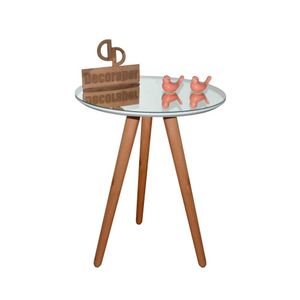 Mesa De Canto Pés Palito Amadeirado Com Espelho Vidro 50cm Branco 60cm