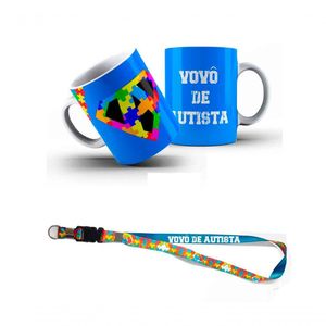 Kit Sou Vovô De Autista Com Caneca Chaveiro E Cordão Puzzle