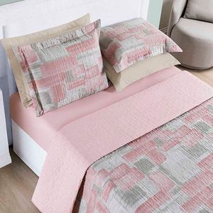 Kit Cobre Leito Colcha Maggy Casal 3 Peças Dupla Face Percale 200 Fios Quadri Rosa 80% Algodão