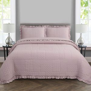 Kit Cobre Leito Colcha Allegra Casal 3 Peças Percal 300 Fios C- Babado Rose 100% Poliéster