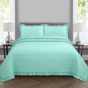 Kit Cobre Leito Colcha Allegra Queen 3 Peças Percal 300 Fios C- Babado Verde Tiffany 100% Poliéster