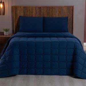 Kit Cobre Leito Colcha Minimal Queen 3 Peças Malha 100% Algodão Marinho