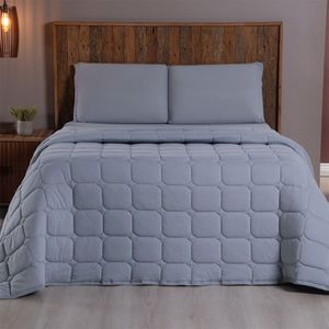 Kit Cobre Leito Colcha Minimal Queen 3 Peças Malha 100% Algodão Cinza