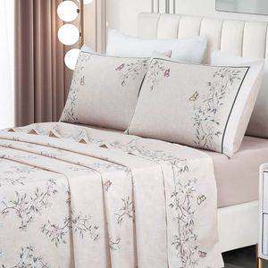 Jogo De Lençol Summer Casal 4 Peças Micropercal 300 Fios Estampado Floral Ramo Malva 100% Poliéster
